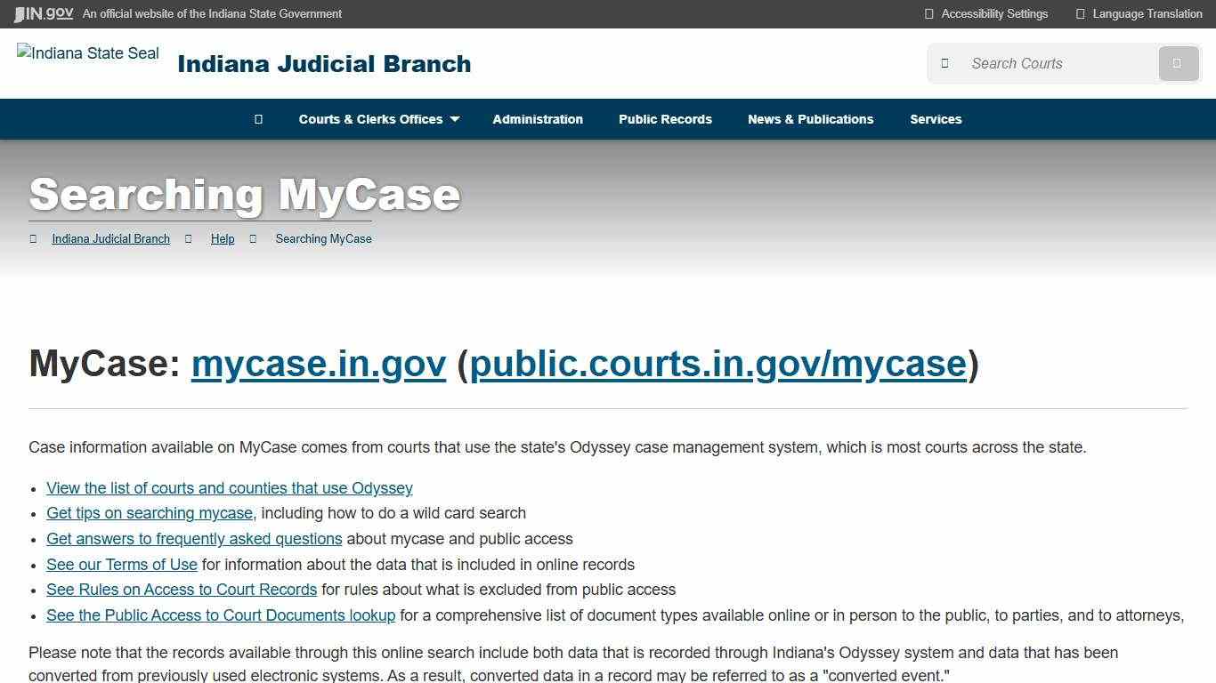 Indiana Judicial Branch: Searching MyCase